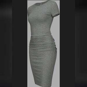 LAUGHIDO | Women's Heather Grey Short Sleeved Ruched Bodycon Midi Dress